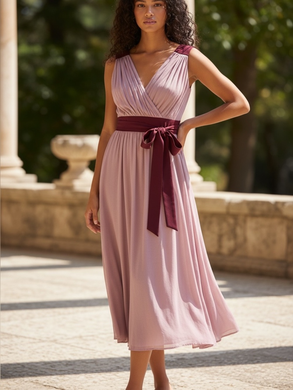 Modcloth Rose Mauve V-Neck Maxi Dress with Burgundy Sash